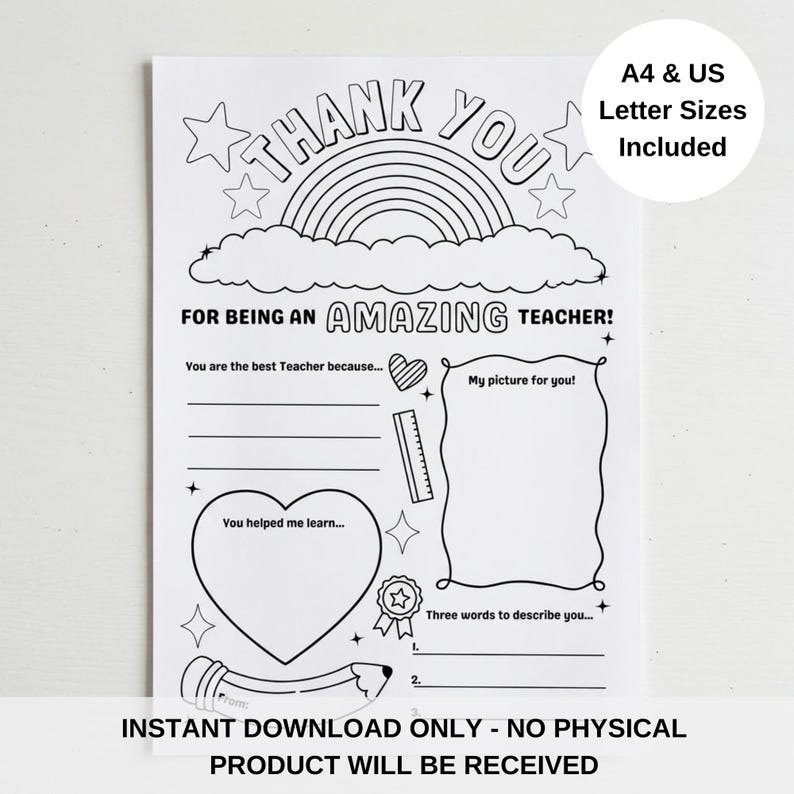 Puede incluir: Una tarjeta imprimible en blanco y negro de agradecimiento al profesor con el texto "THANK YOU" sobre un arco&iacute;ris y nubes. La tarjeta incluye secciones para rellenar y el texto "FOR BEING AN AMAZING TEACHER!" y "A4 & US Letter Sizes Included".