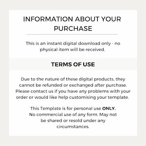 May include: A black and white text document with the title "Information About Your Purchase" and the text "This is an instant digital download only - no physical item will be received." and "Terms of Use" followed by a paragraph of text about the terms of use for digital products.