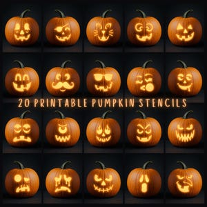 May include: A collection of 20 printable pumpkin stencils displayed as a grid of 20 orange pumpkins, each featuring a unique carved face illuminated from within against a dark background. The text 20 PRINTABLE PUMPKIN STENCILS is centred.