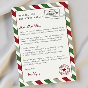 Könnte beinhalten: Ein weihnachtliches Schreiben mit einem rot-weiß-grünen Streifenrand. Der Brief ist an Charlotte adressiert und von Buddy unterschrieben. Er enthält Text über den Nordpol, den Weihnachtsmann und den Weihnachtsgeist. Ein Stempel "Nice List Confirmed" ist sichtbar.