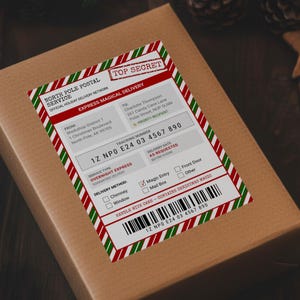 May include: A festive shipping label with red and green striped borders, marked "North Pole Postal Service." The label features text including "Express Magical Delivery," a tracking number, and a recipient's address. The label is placed on a brown parcel.