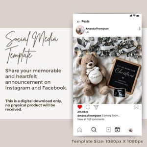 May include: A social media post announcing a baby's arrival. The post features a teddy bear holding a white ornament that says "Baby Thompson". A chalkboard sign says "I'll be home for Christmas" with a heart and the date "December 2022".