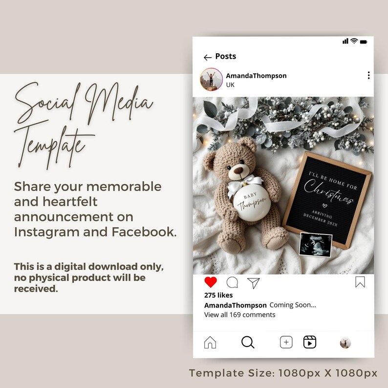 May include: A social media post announcing a baby's arrival. The post features a teddy bear holding a white ornament that says "Baby Thompson". A chalkboard sign says "I'll be home for Christmas" with a heart and the date "December 2022".