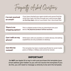 May include: A digital product FAQ template with a light beige background and text in a handwritten style. The template addresses common questions about digital product downloads, editing, and resizing. The text includes the phrase "Frequently Asked Questions".