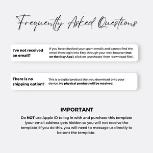 May include: A white background with the text "Frequently Asked Questions" in a script font. The image includes two question and answer sections and an "IMPORTANT" section with instructions about using Apple ID.