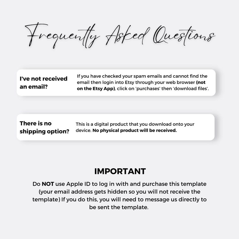 May include: A white background with the text "Frequently Asked Questions" in a script font. The image includes two question and answer sections and an "IMPORTANT" section with instructions about using Apple ID.