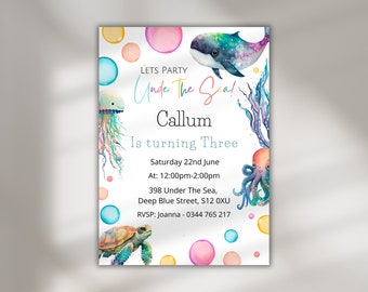 Faire la fête sous la mer Invitation, Invitation imprimable sur le thème de l&#39;océan, tortue de mer, anniversaire dans un aquarium, tout âge, téléchargement immédiat
