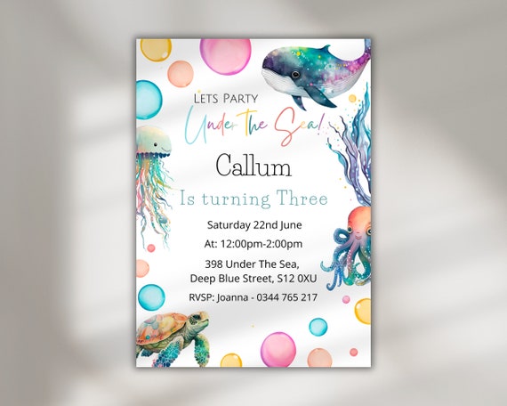 Under The Sea Birthday Invitation: Sea Turtle, Aquarium Theme (Instant Download)