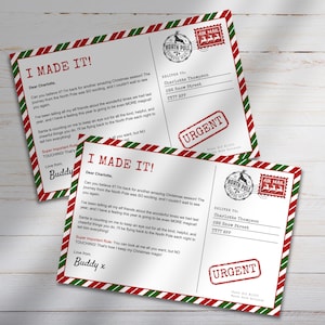 May include: Two Christmas postcards with red and green borders. The postcards feature the text "I MADE IT!" and a message from "Buddy" to "Charlotte." One postcard has an "URGENT" stamp.