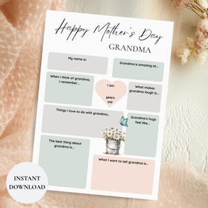 Questionnaire sur le cadeau de grand-mère pour la fête des mères imprimable | Feuille d'entretien pour enfants | Souvenir grand-mère | Cadeau de dernière minute pour grand-mère