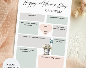 Questionario "Tutto sulla mia nonna", regalo stampabile per la festa della mamma dai nipoti, intervista ricordo da compilare per bambini