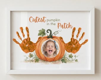 Cutest Pumpkin in the Patch Handprint Craft with Photo, Fall Baby Keepsake Editable Canva Template, Toddler Autumn Art Printable