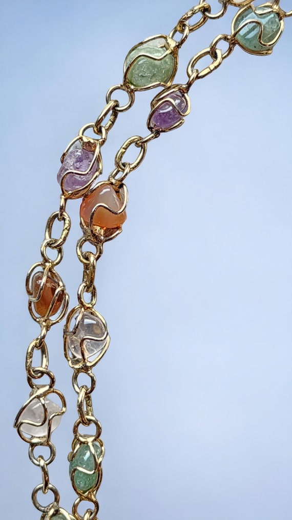 Vintage Gemstone Necklace - Gold Tone Caged Multi… - image 5
