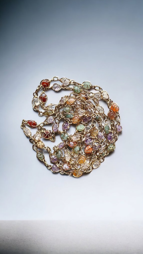 Vintage Gemstone Necklace - Gold Tone Caged Multi… - image 6