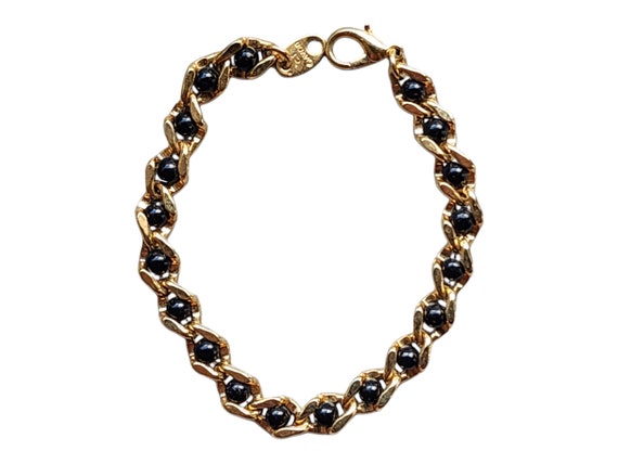 Retro Goldtone Black Faux Pearl Bracelet, Stylish… - image 1