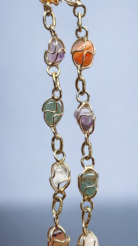 Vintage Gemstone Necklace - Gold Tone Caged Multi… - image 4