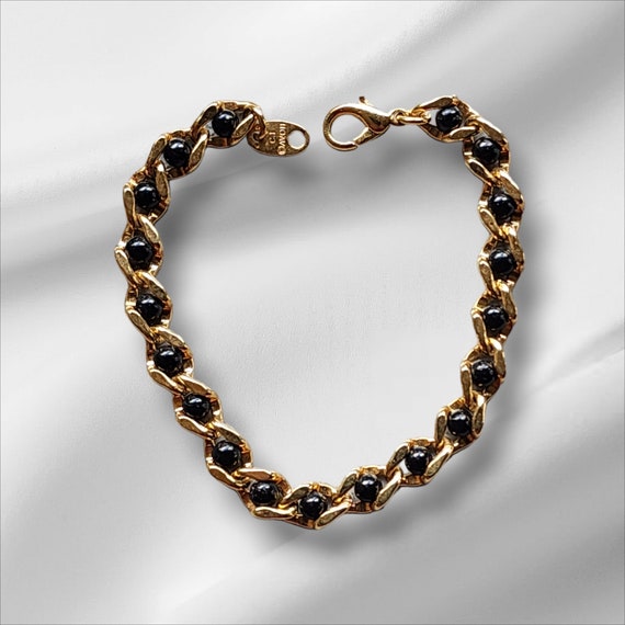 Retro Goldtone Black Faux Pearl Bracelet, Stylish… - image 2