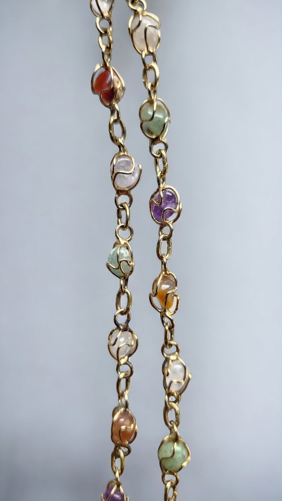 Vintage Gemstone Necklace - Gold Tone Caged Multi… - image 3