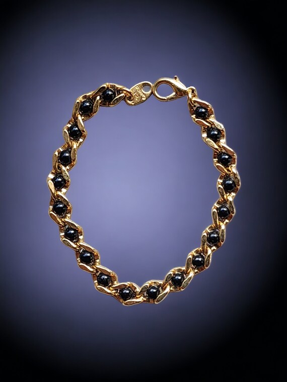 Retro Goldtone Black Faux Pearl Bracelet, Stylish… - image 3