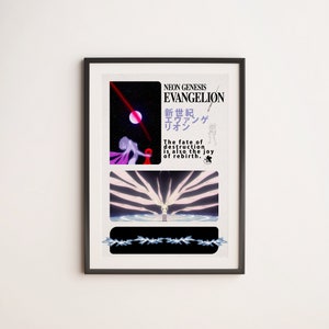 May include: Framed poster featuring artwork from Neon Genesis Evangelion. The poster includes the title in English and Japanese, along with the phrase "The fate of destruction is also the joy of rebirth." The artwork depicts a celestial scene and abstract imagery.