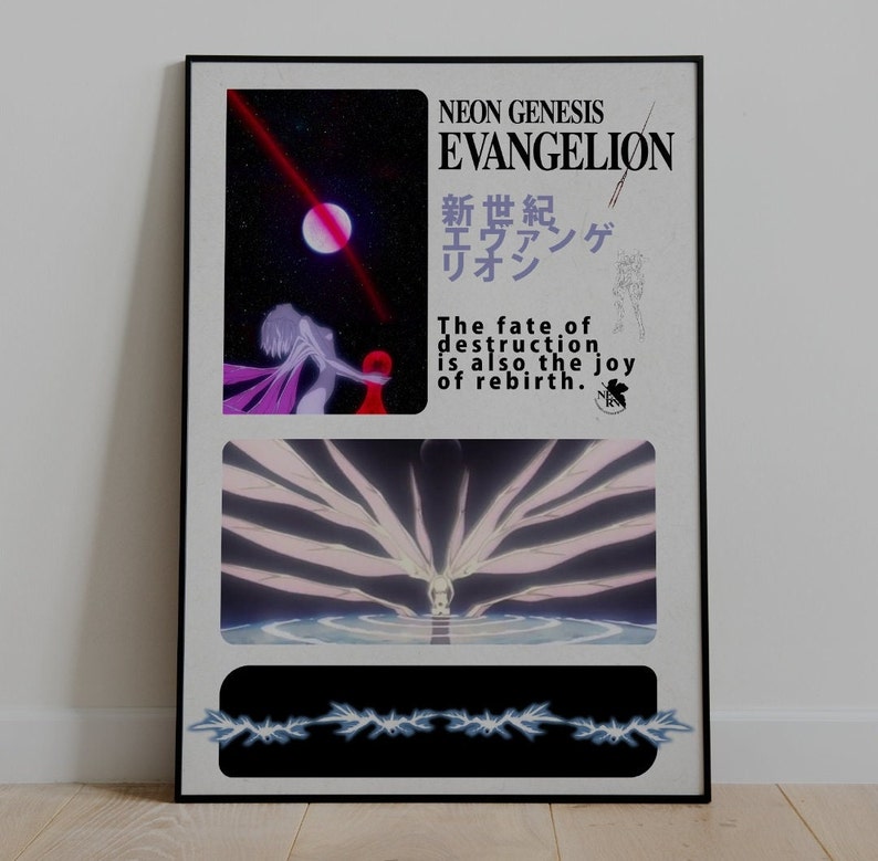 May include: A framed poster featuring artwork from Neon Genesis Evangelion. The poster includes text in English and Japanese, along with stylized illustrations of characters and scenes. The color palette includes black, white, purple, red, and blue.