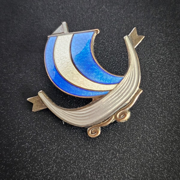 Aksel Holmsen Viking Boat Norwegian Silver white & blue Enamel Brooch