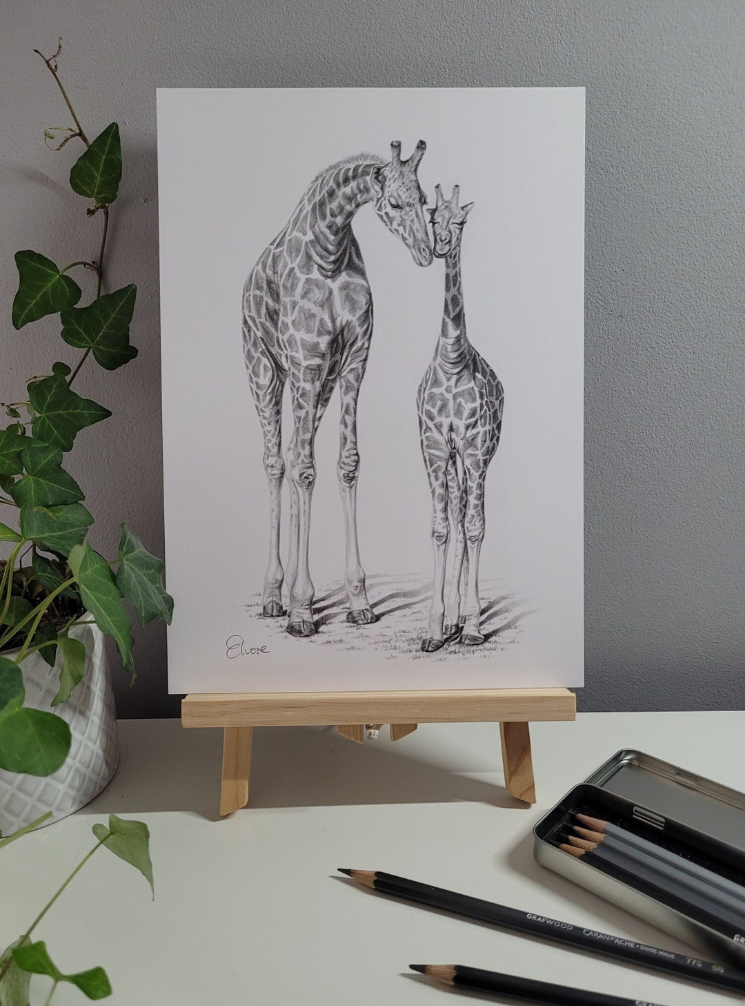 GIRAFFES, Original A4 Pencil Drawing, Unframed, Mother and Child, Art