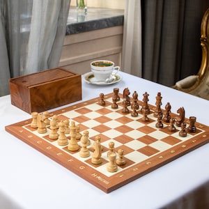 Professional Chess Set - Mahogany Wood Board with Algebraic Notation 54x54cm and Exotic Wood Staunton Chess Pieces