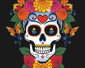 Día de los Muertos Printable Wall Art – Sugar Skull Calavera Art – Day of the Dead Digital Download – Mexican Folk Art Decor-Black BG