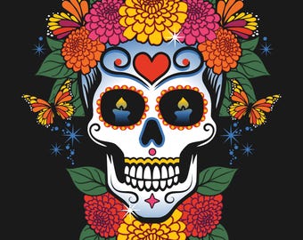 Día de los Muertos Printable Wall Art – Sugar Skull Calavera Art – Day of the Dead Digital Download – Mexican Folk Art Decor-Black BG