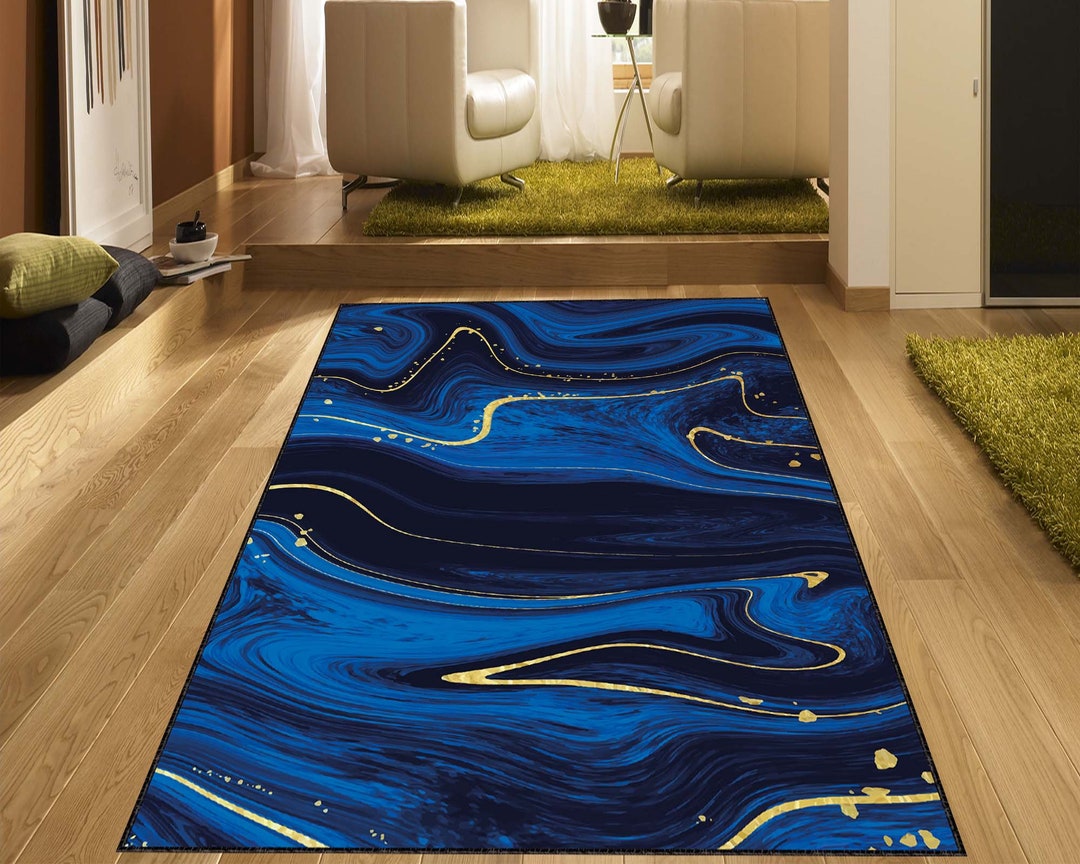 Blue Marble Rug Minimalist Rug Living Room Rug Marble Etsy