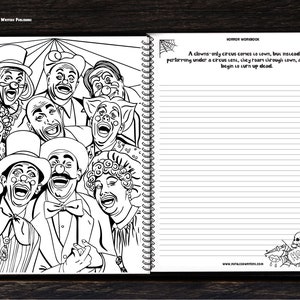 May include: Black and white illustration of a group of clowns with exaggerated smiles. The illustration is in a horror theme and includes the text "A clowns only circus comes to town, but instead of performing under a circus tent, they roam through town, and children begin to turn up dead."