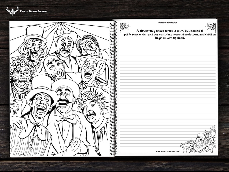 May include: Black and white illustration of a group of clowns with exaggerated smiles. The illustration is in a horror theme and includes the text "A clowns only circus comes to town, but instead of performing under a circus tent, they roam through town, and children begin to turn up dead."