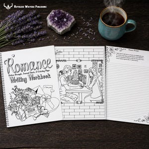 May include: A spiral-bound Romance Writing Workbook featuring a cover with floral illustrations, a cassette tape, and a heart-shaped box. The open pages display a coloring page of two people at a table and a lined page with text titled Romance Prompts.