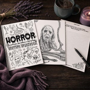 Horror Writing Workbook for Authors: 15 Prompts, Journal Pages & Coloring image 1