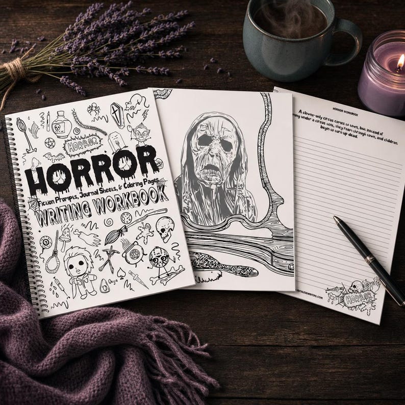 Horror Writing Workbook for Authors: 15 Prompts, Journal Pages & Coloring image 1