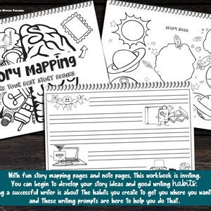 May include: Black and white illustrated workbook with a spiral binding. The cover features a brain with a laptop, a lightbulb, and the words "story mapping" and "where your best story begins". The text "With fun story mapping pages and note pages, this workbook is inviting. You can begin to develop your story ideas and good writing habits. Becoming a successful writer is about the habits you create to get you where you want to go, and these writing prompts are here to help you do that." is printed below the image.