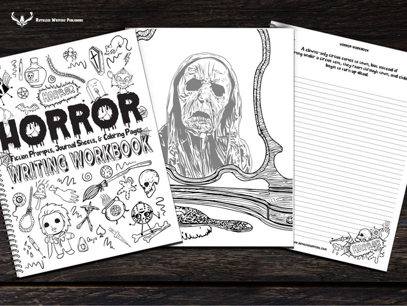 May include: A black and white horror writing workbook with a cover featuring a spooky illustration of a monster and a variety of horror-themed icons. The workbook includes fiction prompts, journal sheets, and coloring pages.