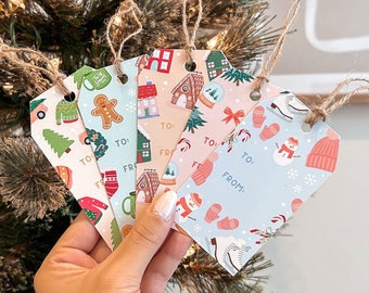 Adorable lot d'étiquettes-cadeaux des Fêtes avec symboles de l'hiver | Adorables étiquettes pour cadeaux de Noël, étiquettes pour cadeaux, papier mat premium 61 lb, cadeaux de Noël