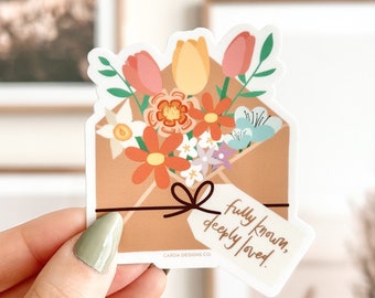 Sticker floral pour enveloppe : « Full Known, Deeply Loved » - Sticker imperméable mat