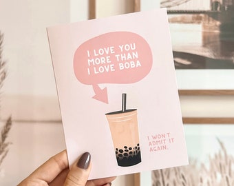 I Love You More Than I Love Boba Cute Valentine's Day Card | Bubble Tea Valentine's Card, Valentine's Puns, Blank Inside, Envelope Included