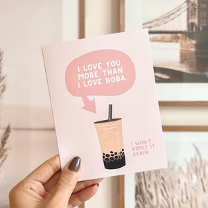 Ich liebe dich mehr als ich Boba liebe Niedliche Valentinstagskarte | Bubble Tea Valentinstagskarte, Wortspiele zum Valentinstag, innen leer, Umschlag inklusive