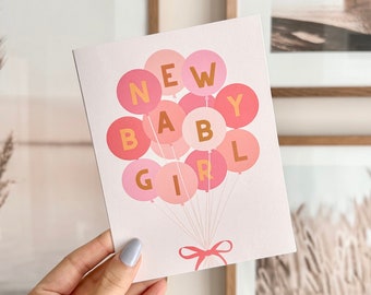 New Baby Girl Shower Card | Cute Baby Shower Card, Cute Pink Baby Girl Card With Balloons, Blank Inside, Envelope Included