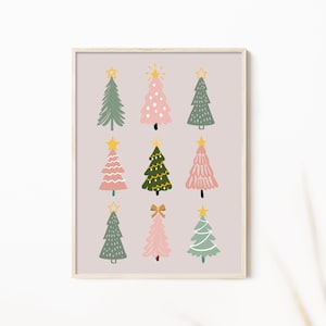 Lindo pastel árboles de Navidad impresión de arte / impresión de arte de Navidad, árboles de Navidad coloridos, impresión de arte de Navidad Boho, arte de la pared de los árboles de Navidad