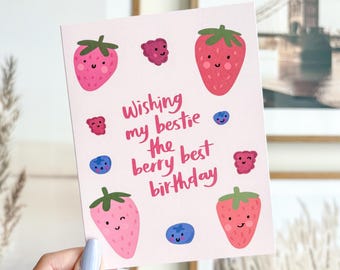 Berry Birthday Card | Strawberry, Blueberry, Raspberry Illustration - Blank Inside, Envelope Included