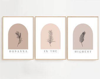 May include: Three minimalist art prints with a brown, pink, and beige archway with a single black leaf inside each archway. The text "Hosanna", "In The", and "Highest" is printed below each archway.