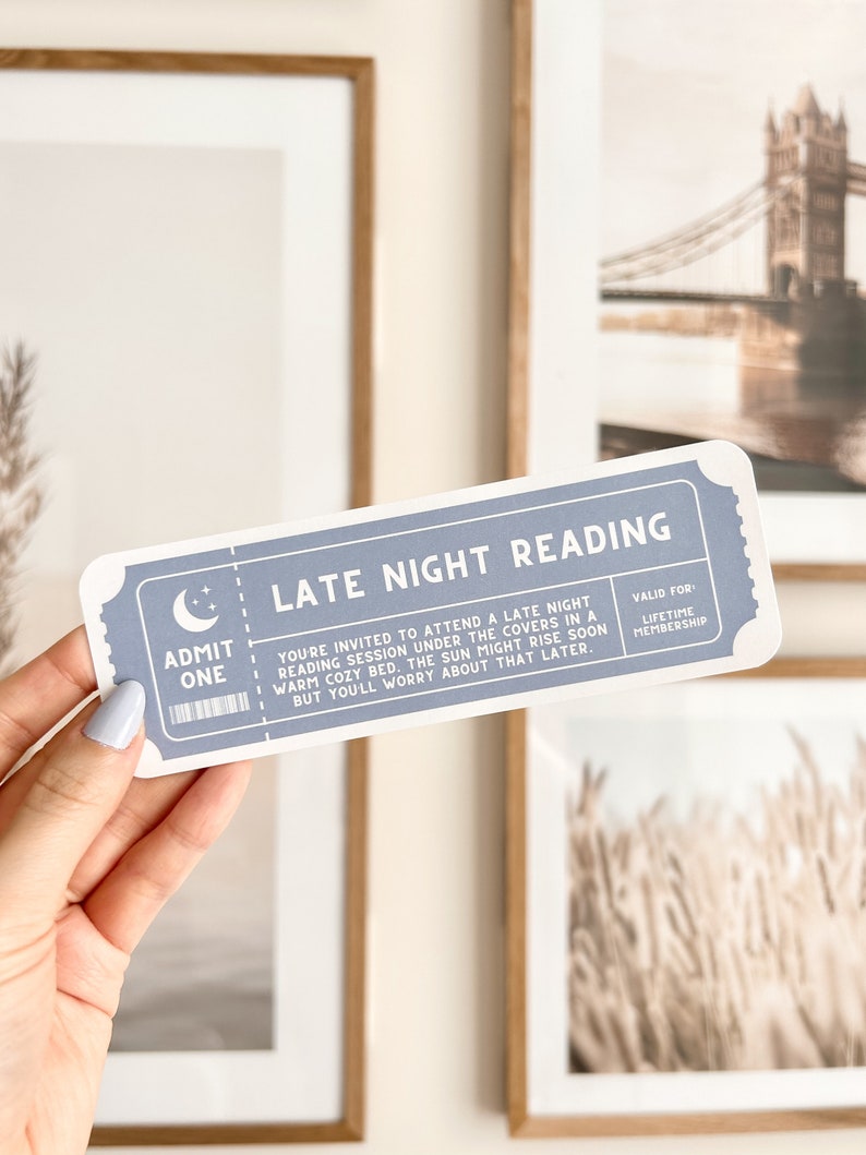 Late Night Reading Ticket Bookmark Cute Bookish Bookmarks, Cute Ticket Bookmarks, Double-Sided, 17pt Thick Cardstock, Bookish Gifts image 2