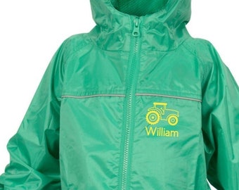 Personalised Green Children's Waterproof All In One Rainsuit from Dry Kids with yellow tractor and name/initials