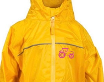 Personalised Gold Children's Waterproof All In One Rainsuit from Dry Kids with pink tractor and name/initials