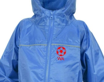 Personalised Royal Blue Children's Waterproof All In One Rainsuit from Dry Kids with red football and name/initials